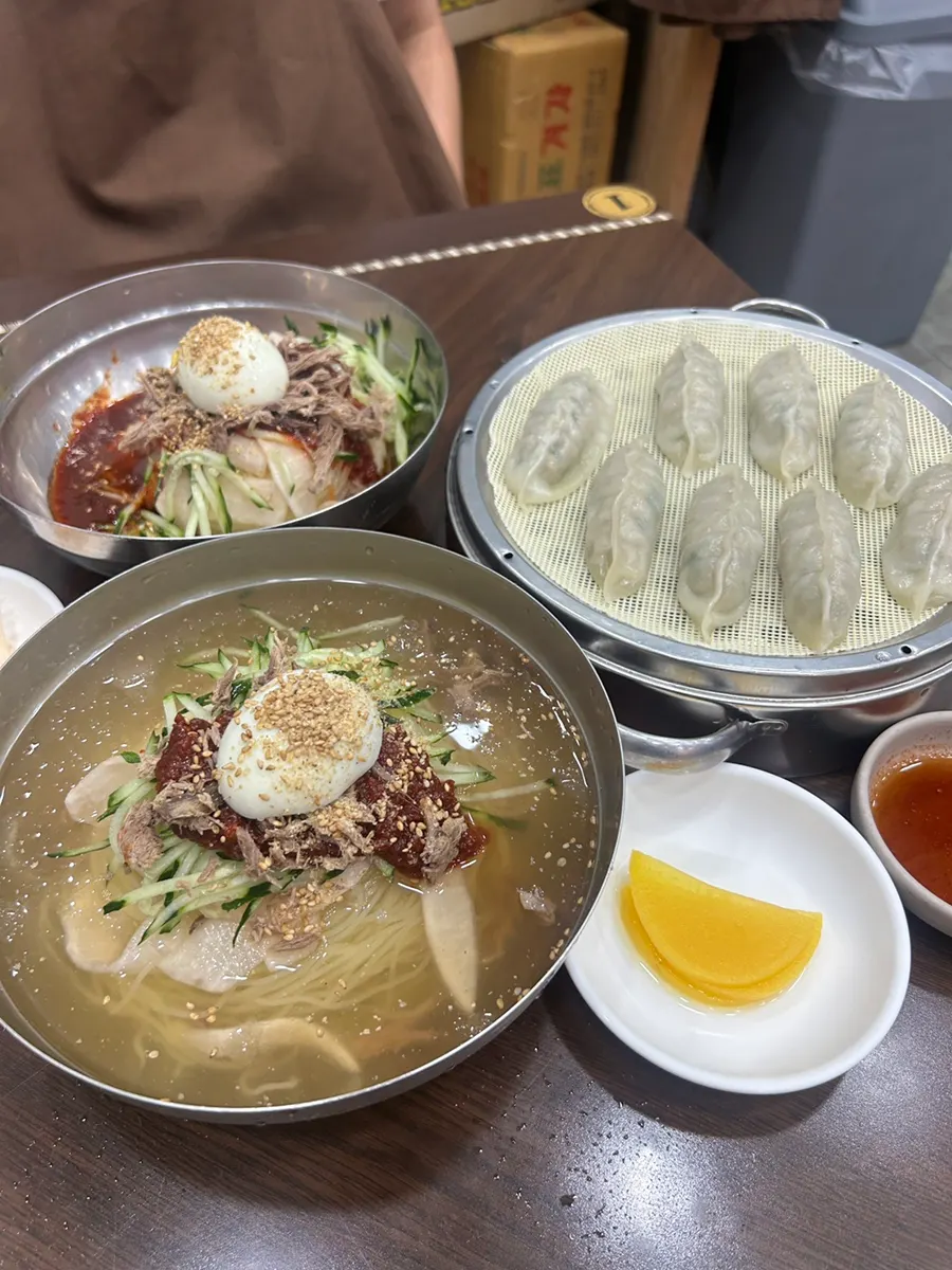 Full table set with mul milmyeon, bibim milmyeon, and dumplings