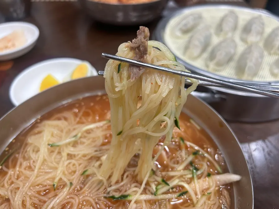 Mul milmyeon noodles lifted with a piece of meat