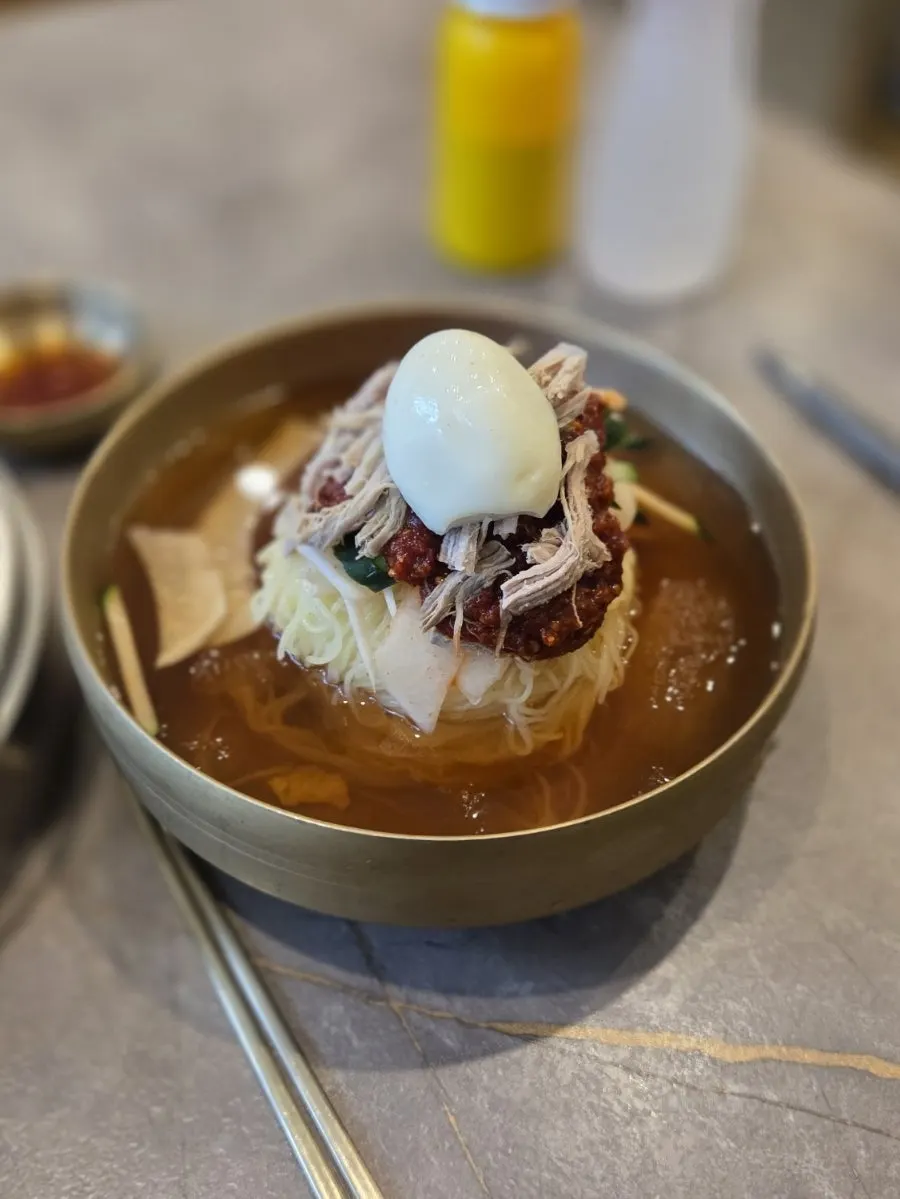 물밀면 대자와 만두가 놓인 한 상