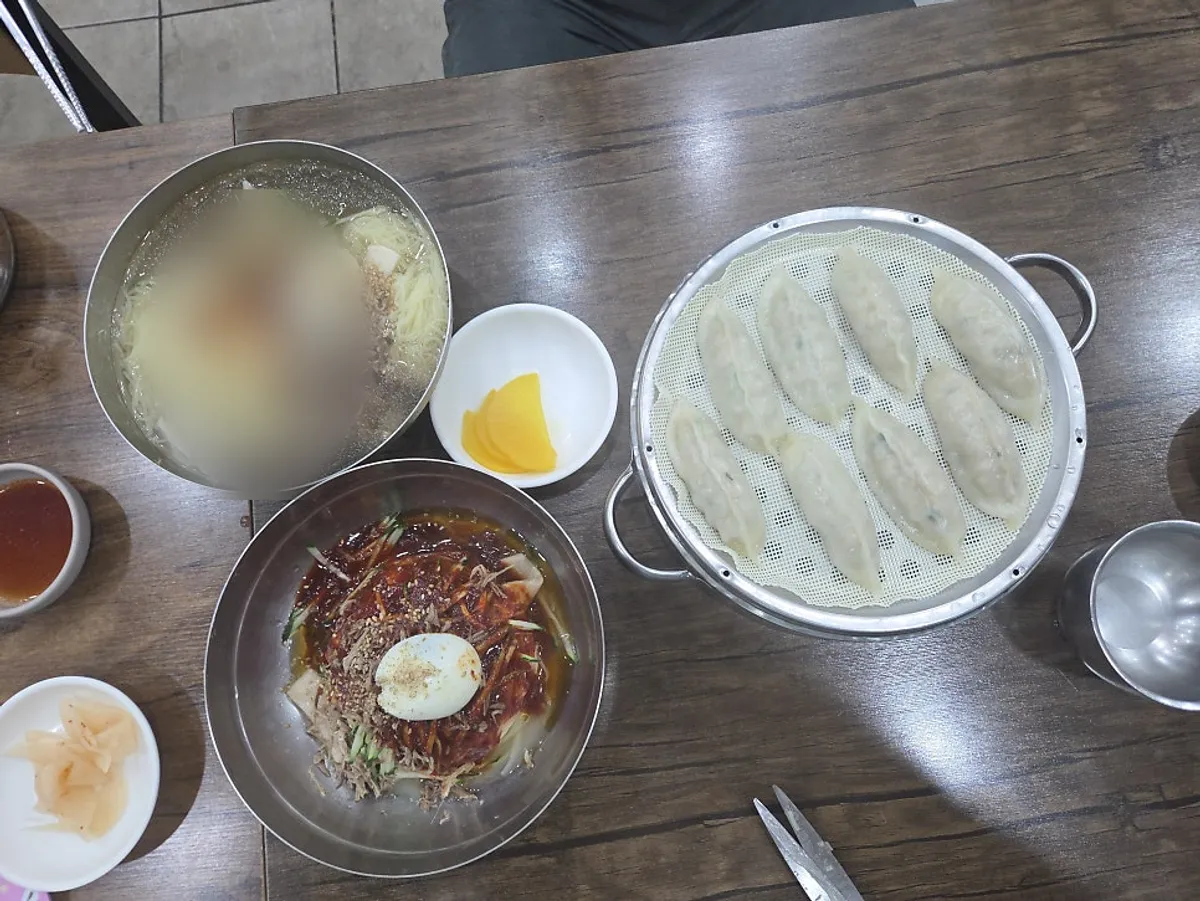 A full spread of mul-milmyeon, bibim-milmyeon, and dumplings at Seomyeon Milmyeon