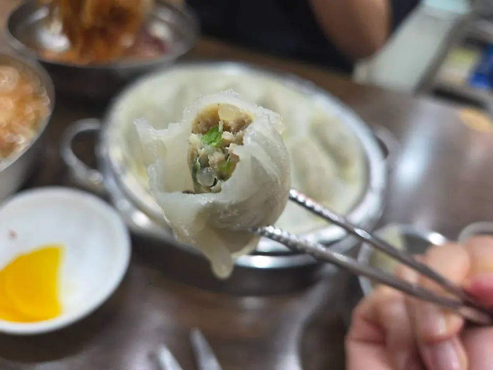 Seomyeon Milmyeon dumplings with wrappers so thin the filling shows through