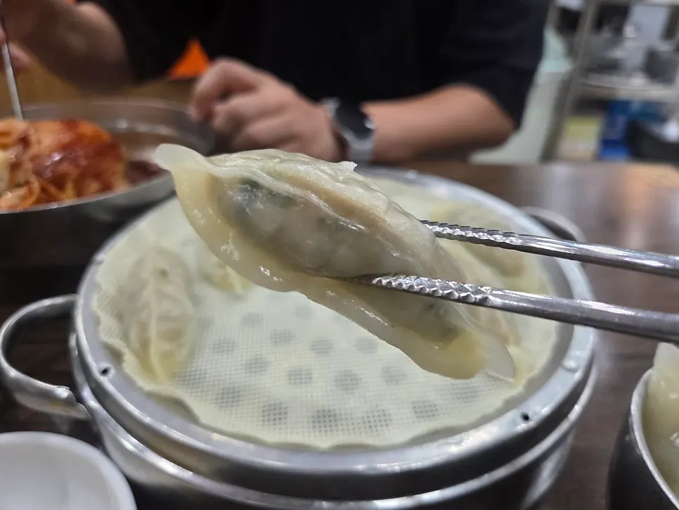 A dumpling dipped in soy sauce