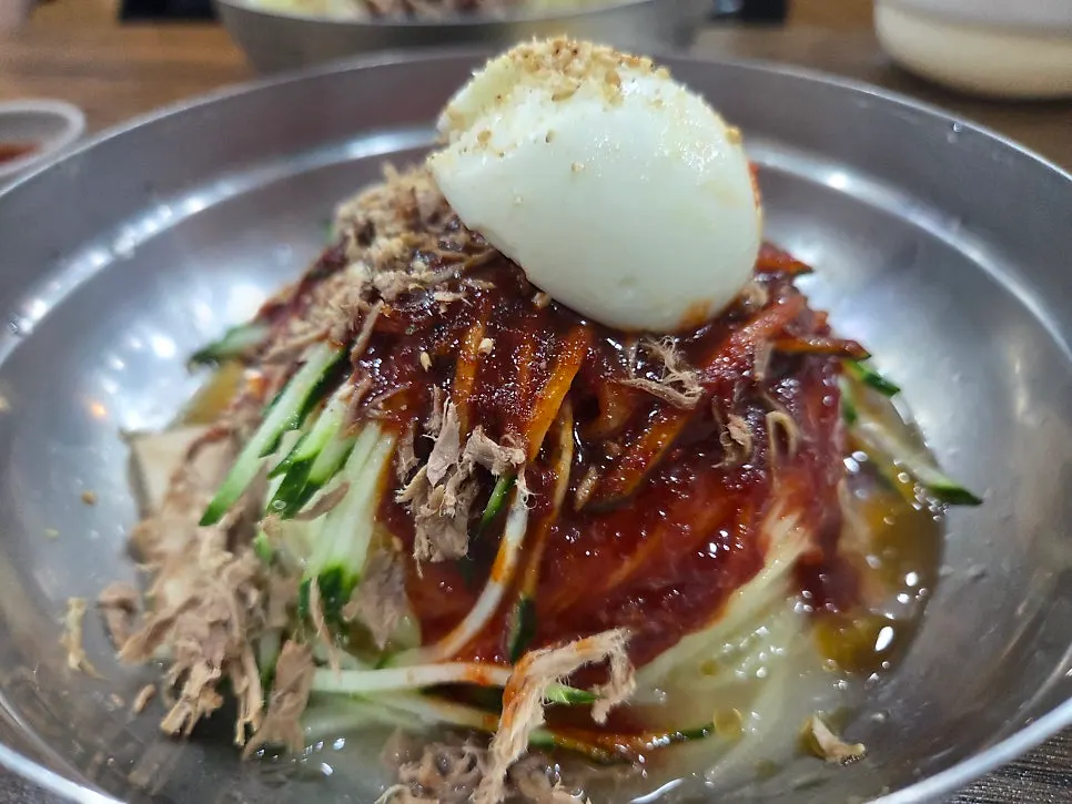Bibim-milmyeon eaten together with dumplings