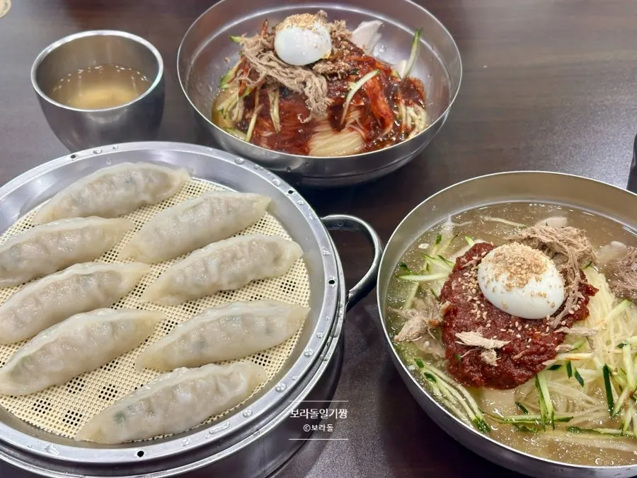 물밀면 비빔밀면 만두가 차려진 한 상
