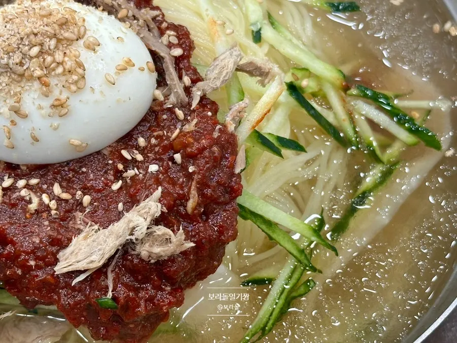 물밀면 육수에 잠긴 부드러운 면발