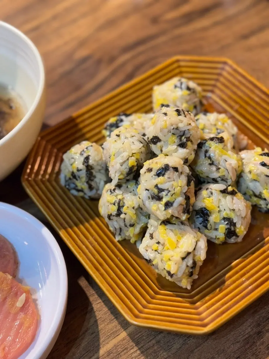 Close-up of a piece of the rice ball