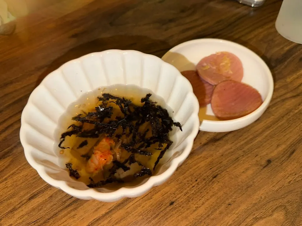 Mukbap and pink sausage served as basic side dishes