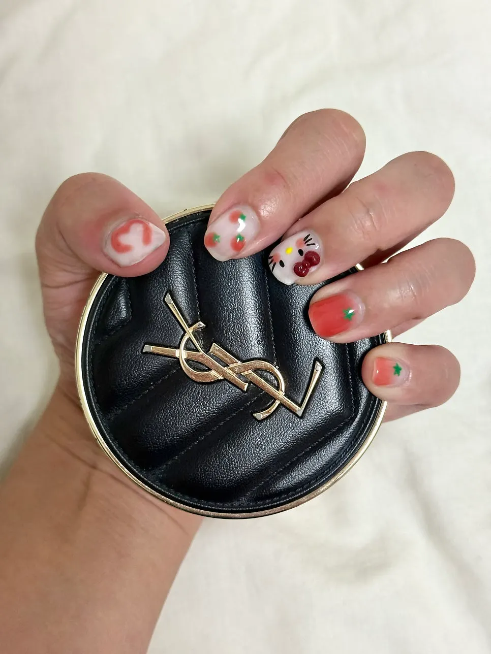 Close-up of finished Hello Kitty nail art