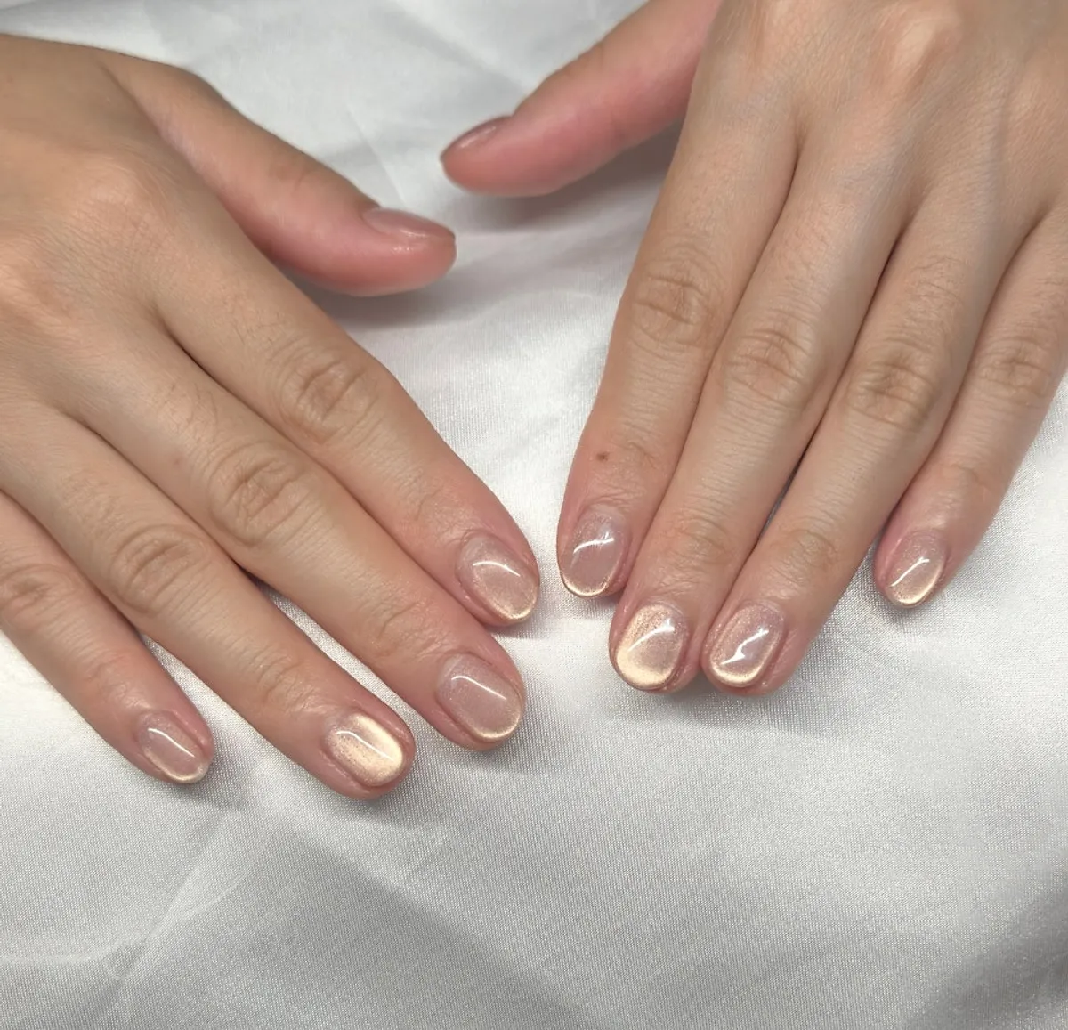 Finished light pink magnetic gel one-color oval nails