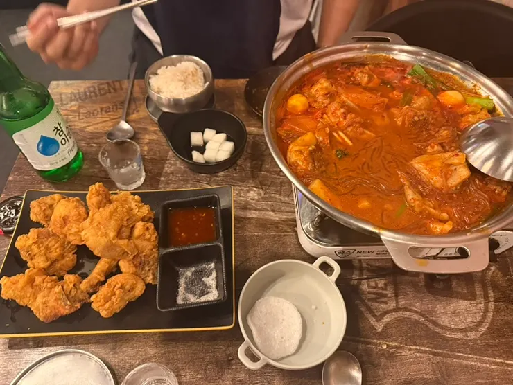 The full aentang set spread with dakdoritang and half fried chicken