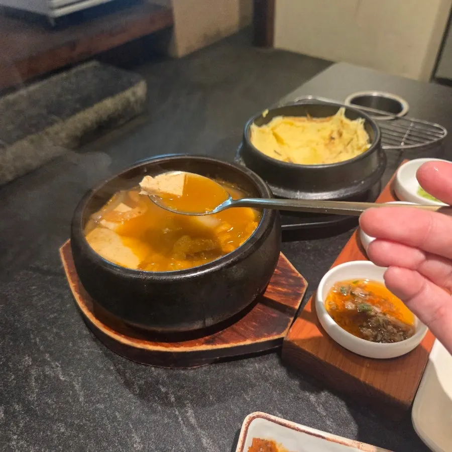Doenjang stew broth and tofu pieces