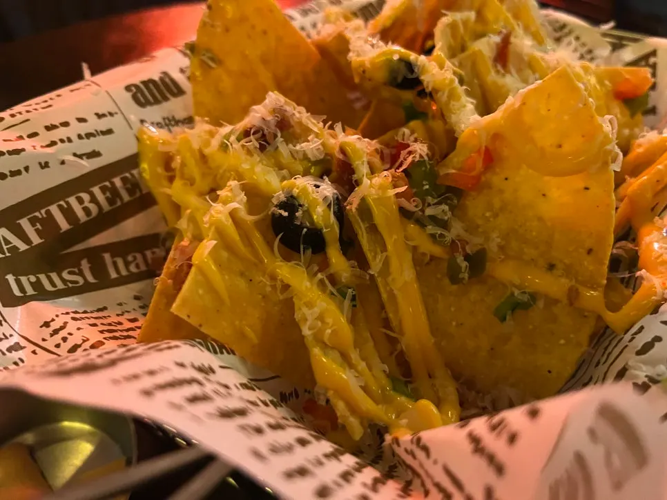 Close-up of Craft Hans cheese nachos