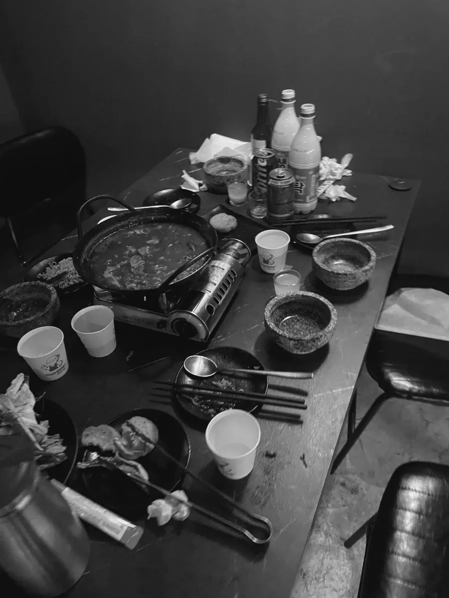 The seafood stew pot emptied down to the last ramyeon noodle
