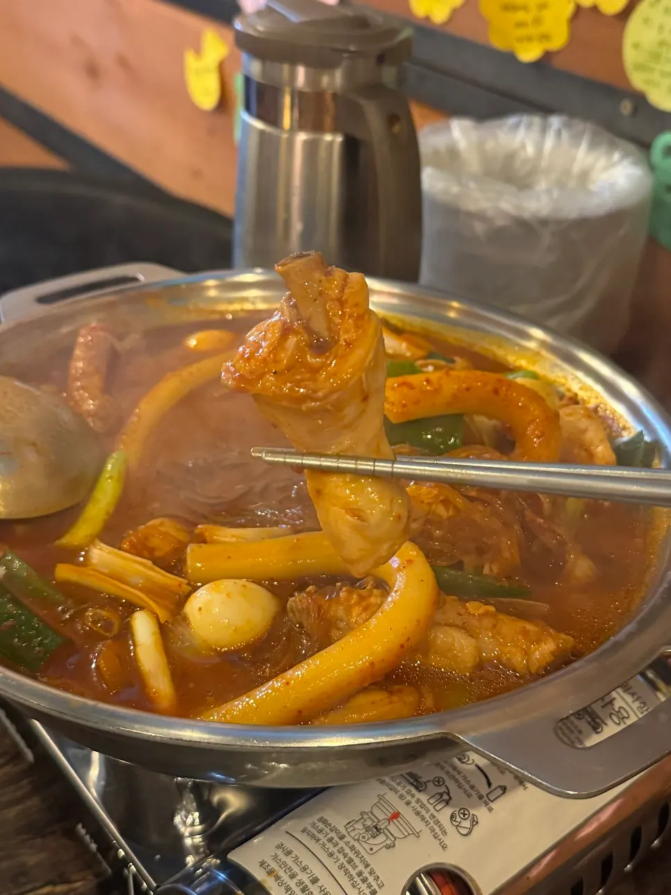 Close-up of the spicy dakdoritang broth