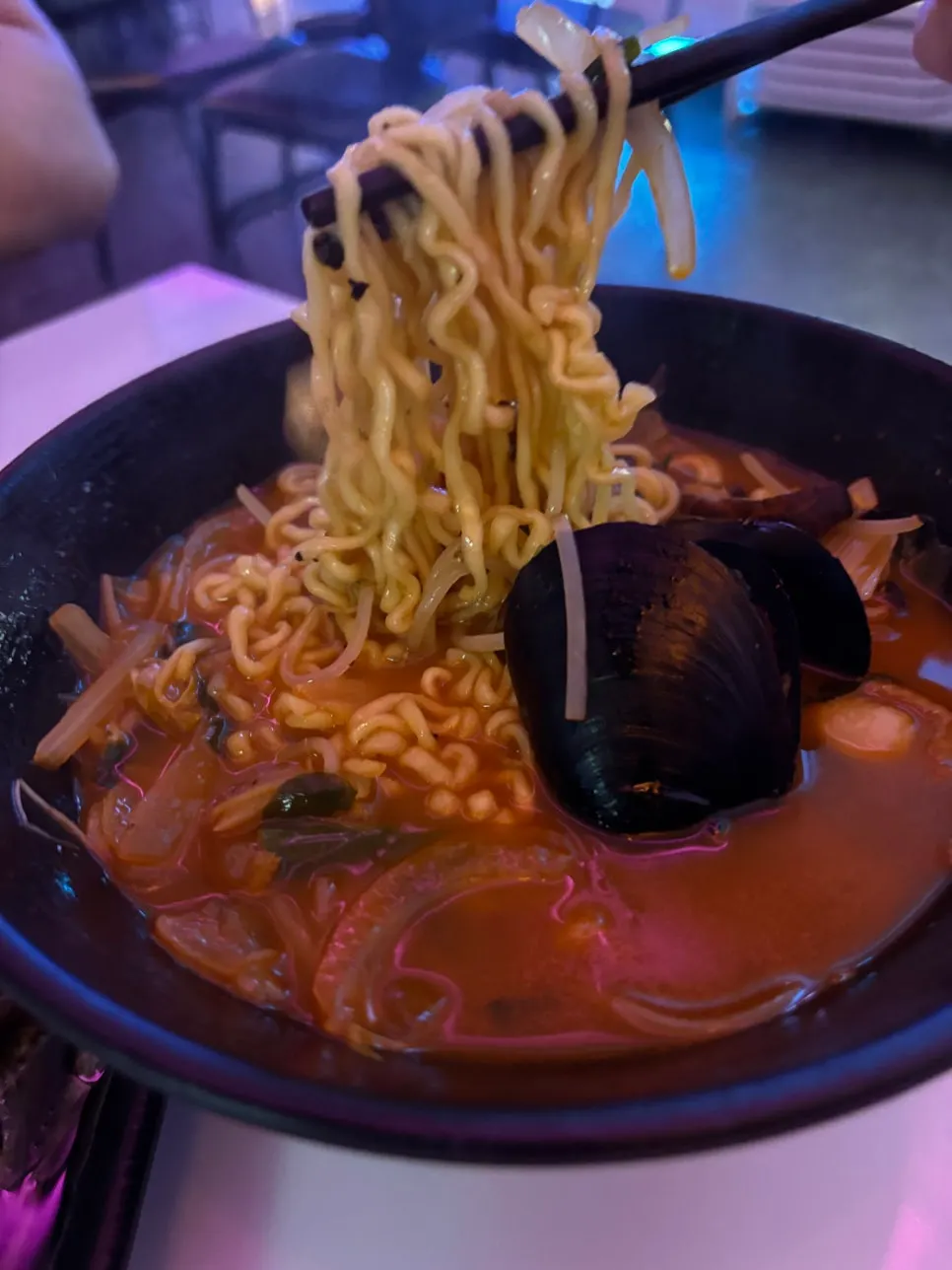 Spicy seafood ramyeon with seafood and bean sprouts