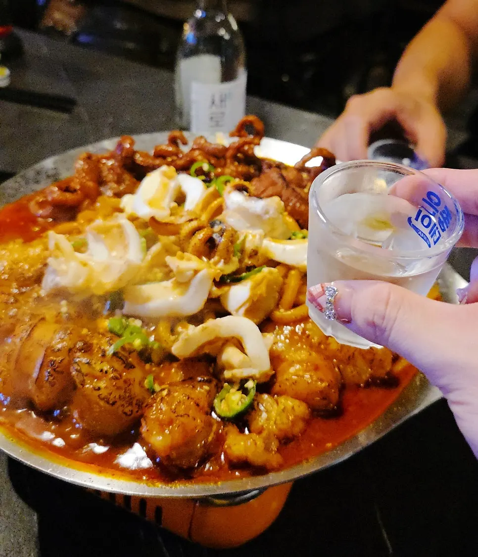 Drinking table with O-Dae-Bal and soju