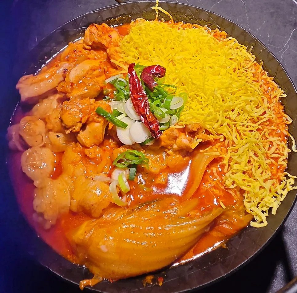Kimchi dakdoritang with chicken, daechang, and aged kimchi