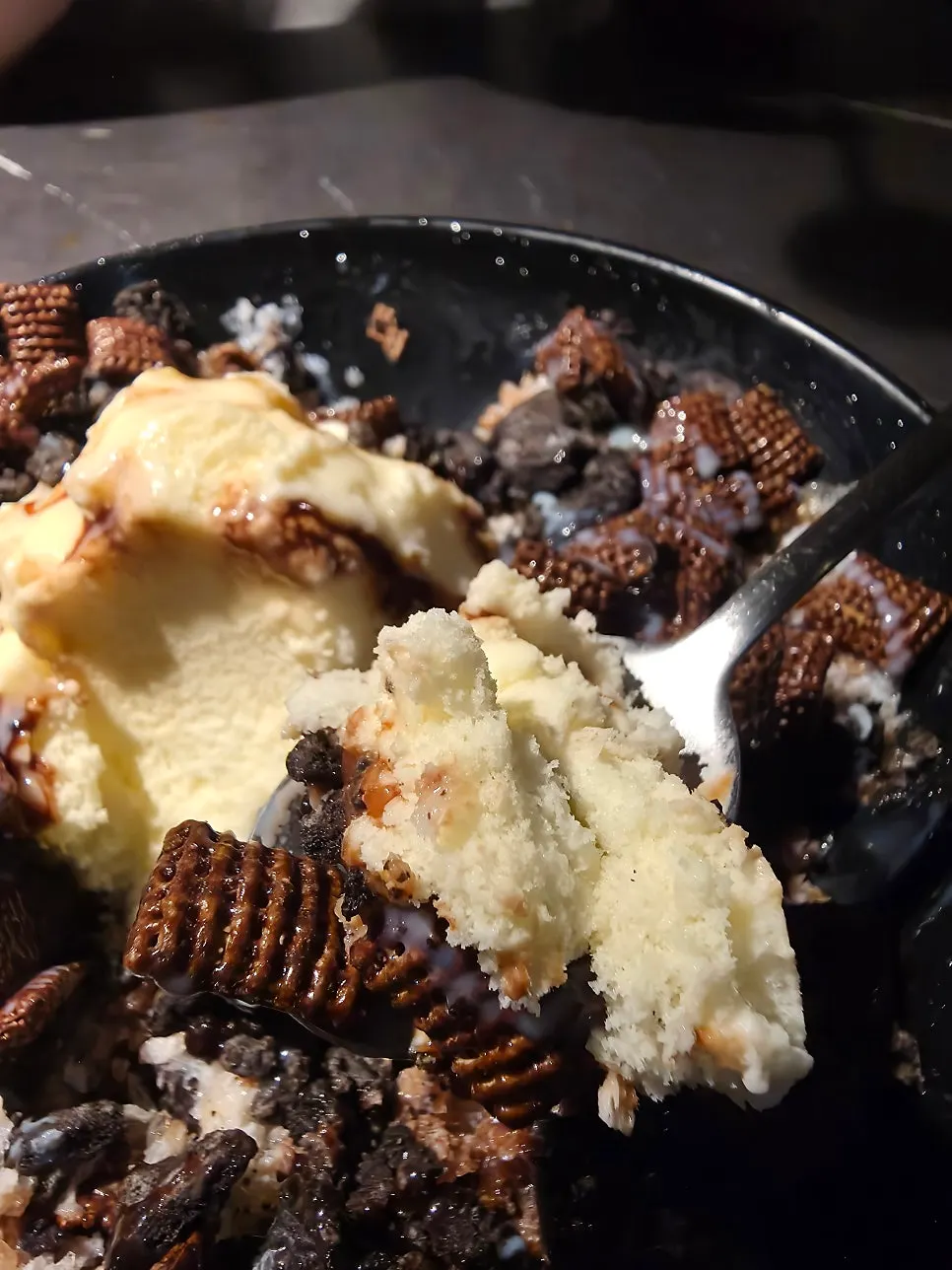 Bingsu topped with ice cream, Chex cereal, and chocolate chips