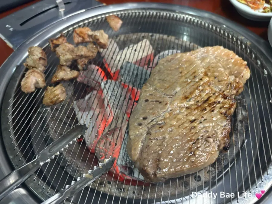 Seasoned pork galbi cut into bite-sized pieces