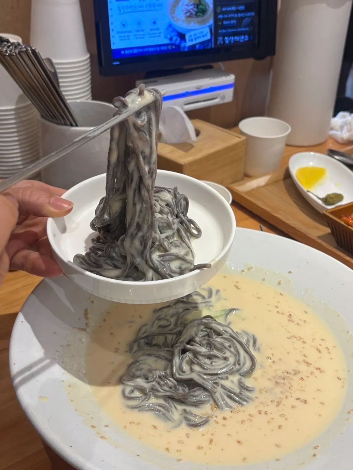 Buckwheat soy milk noodles with thick, nutty broth