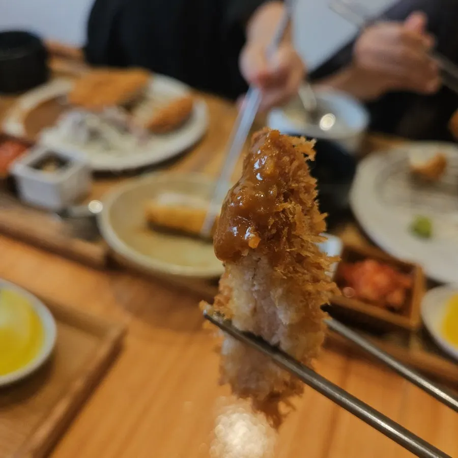 소스에 찍은 돈까스 한 점