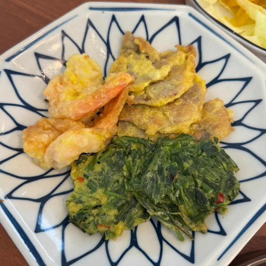Assorted beef, vegetable, and shrimp jeon