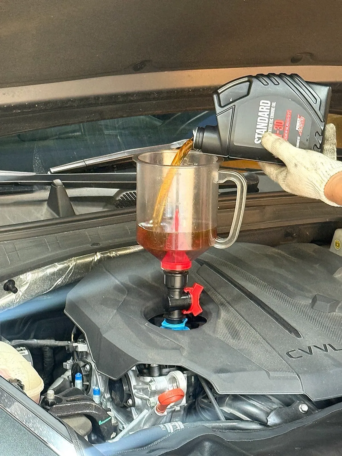 Pouring in the new engine oil