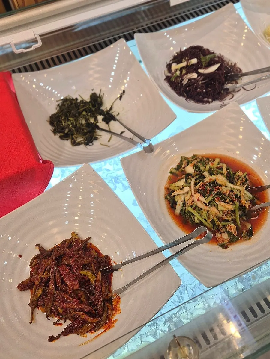 Seasonal banchan and vegetables at the self-bar