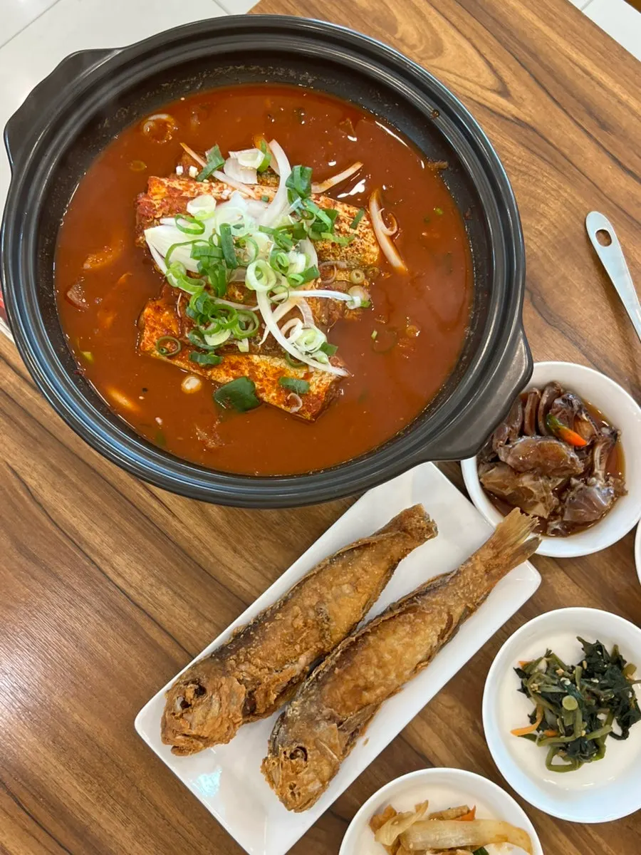 Seafood stew placed on the table