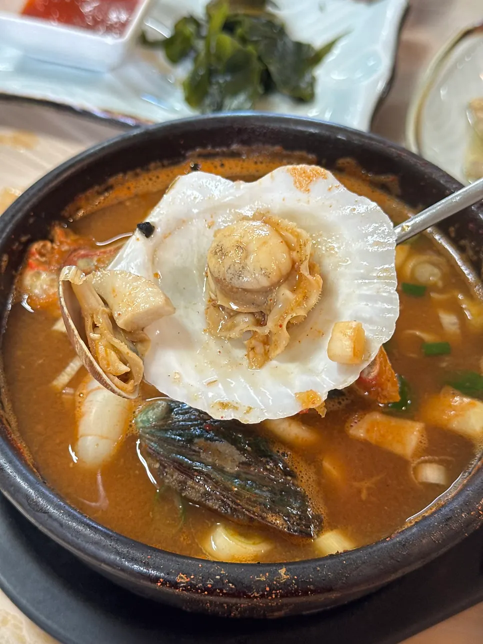 Close-up of the spicy seafood stew broth