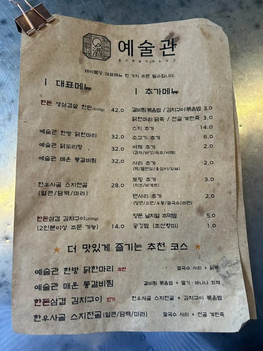 Main menu page at Yesulgwan Sungshin Women's University Branch