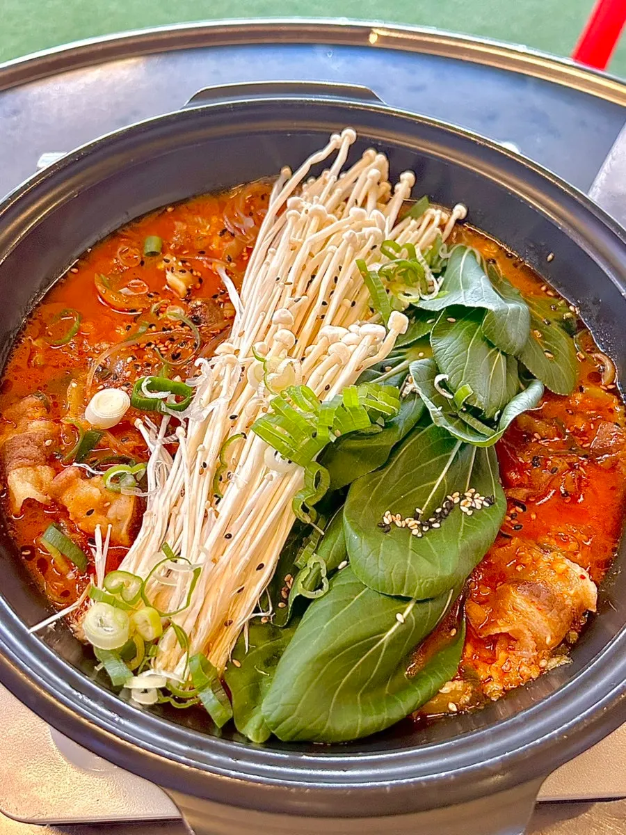 Spicy Korean beef bone marrow tendon hot pot before boiling
