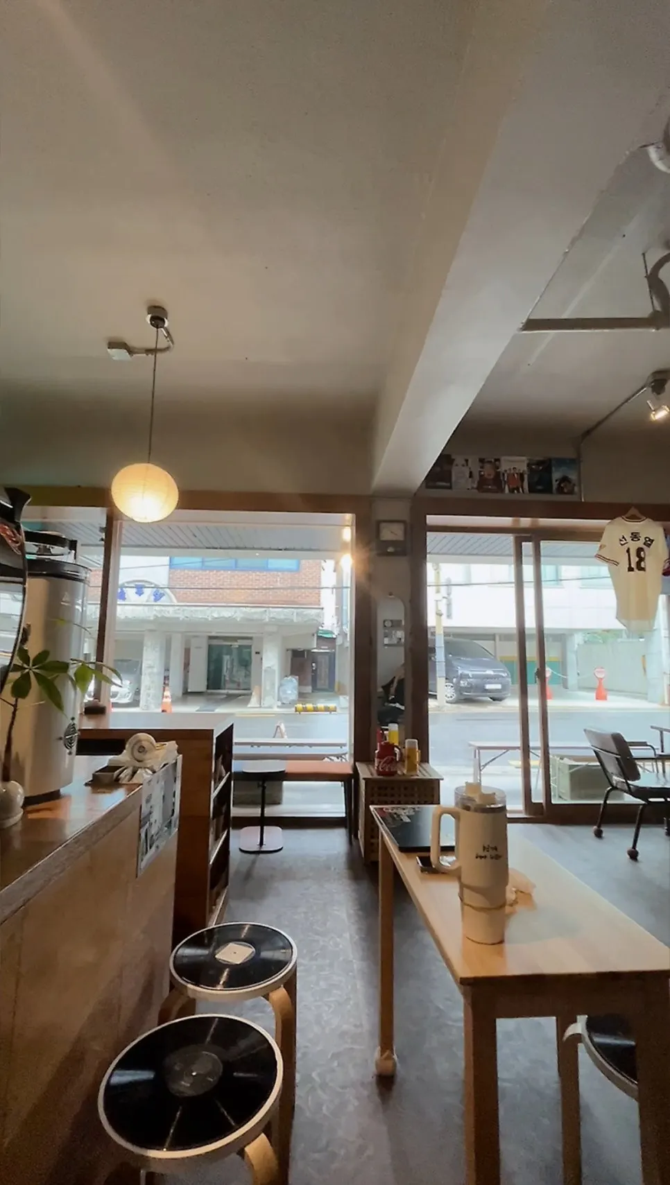 Café interior with warm lighting and wood tones