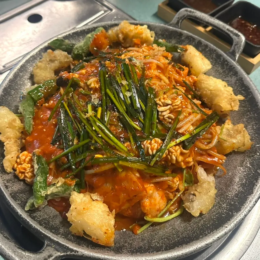Close-up of the agu-jjim tossed in regular-spice sauce