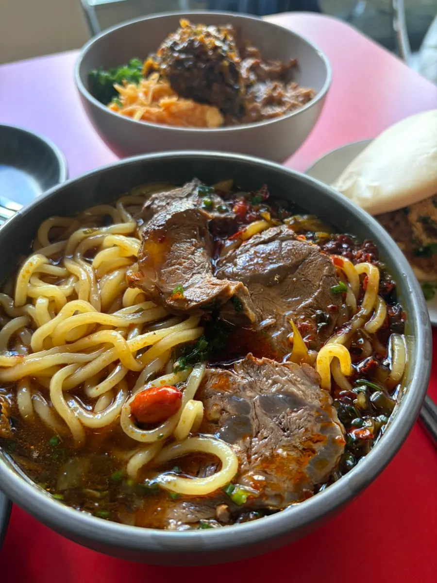Taiwanese beef noodle soup topped with beef shank