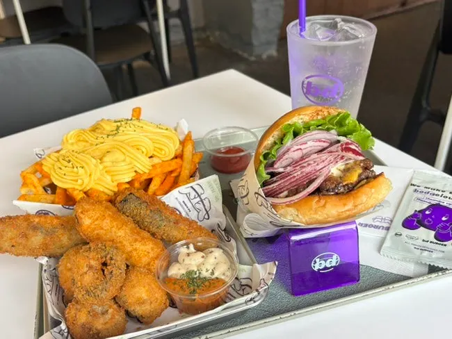 Full spread of the cheongyang mayo bulgogi burger set and butter garlic fries