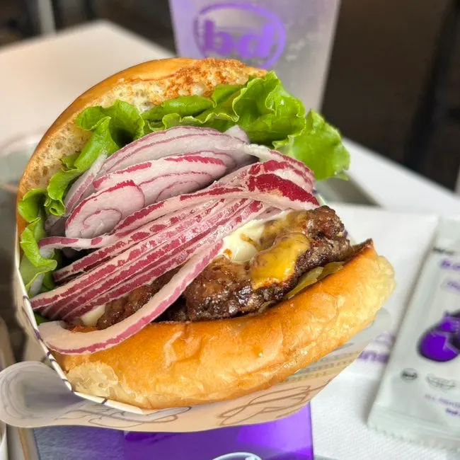 Cross-section of the cheongyang mayo bulgogi burger with extra patty