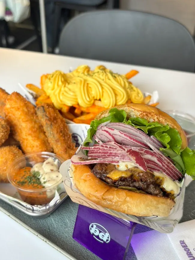 Final spread of the burger and sides together