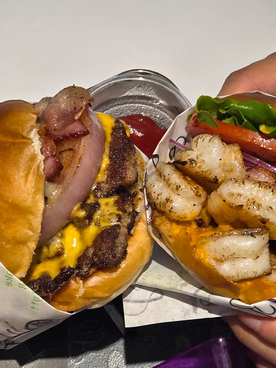Full view of the grilled shrimp avocado burger