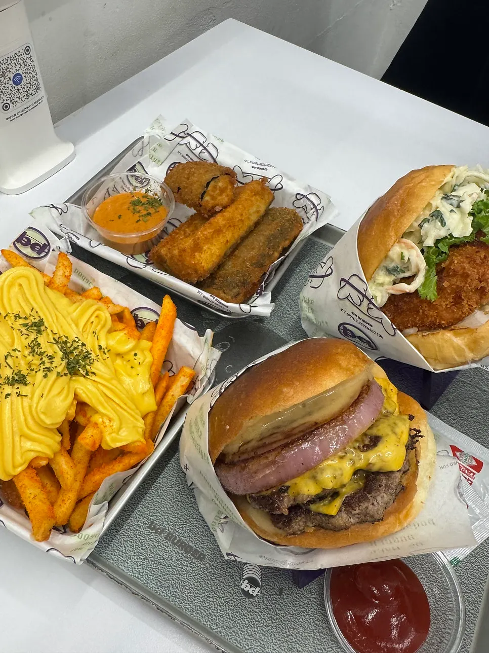 Wasabi Shrimp Burger set and Double Cheese Burger set spread