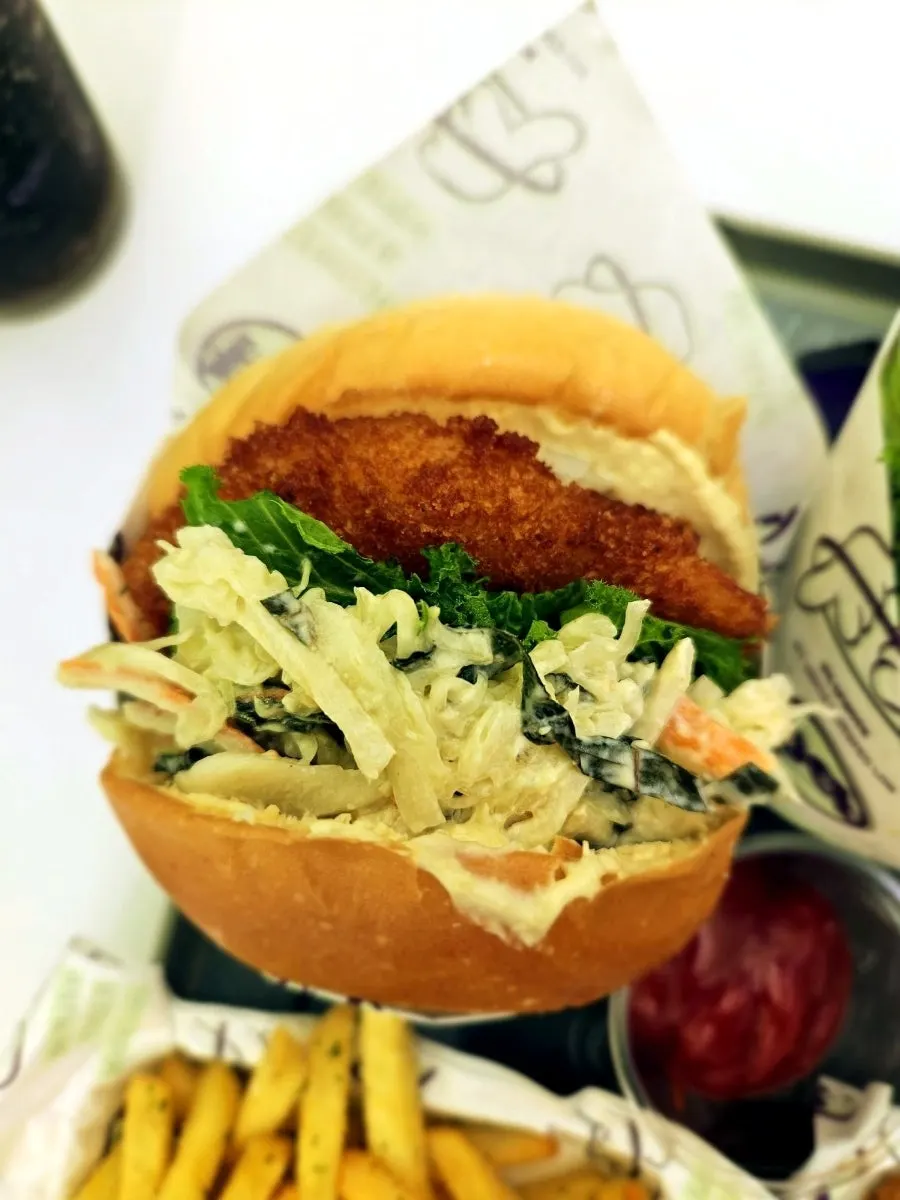 Wasabi shrimp burger with a thick shrimp patty