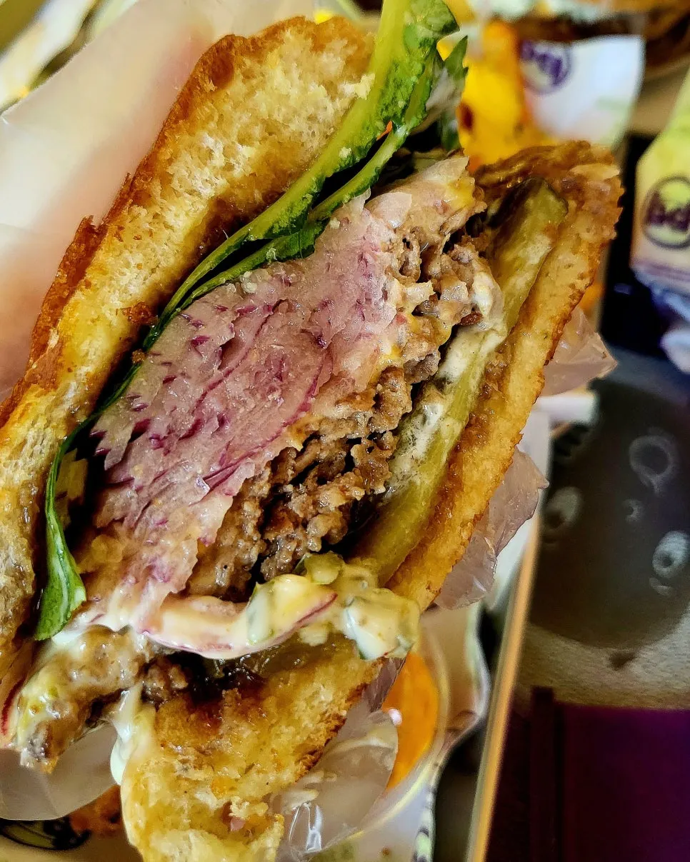Bulgogi burger with red onion and pickles