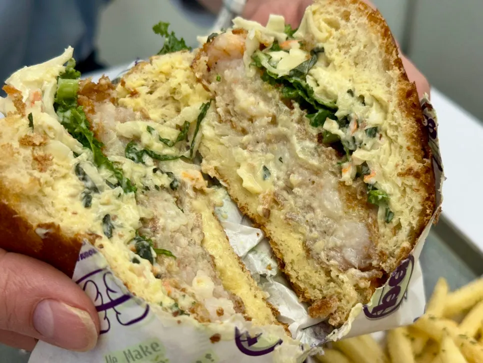 Cross-section of a hot shrimp burger