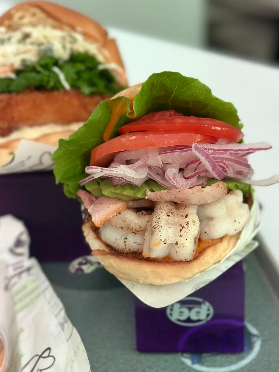 Grilled whole shrimp avocado burger