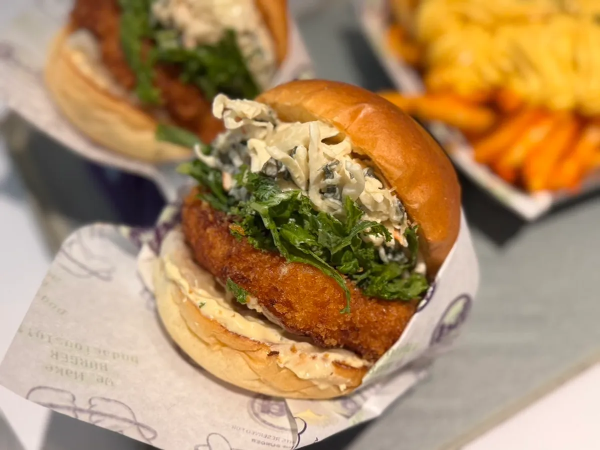 bd Burger's Wasabi Shrimp burger with a thick patty