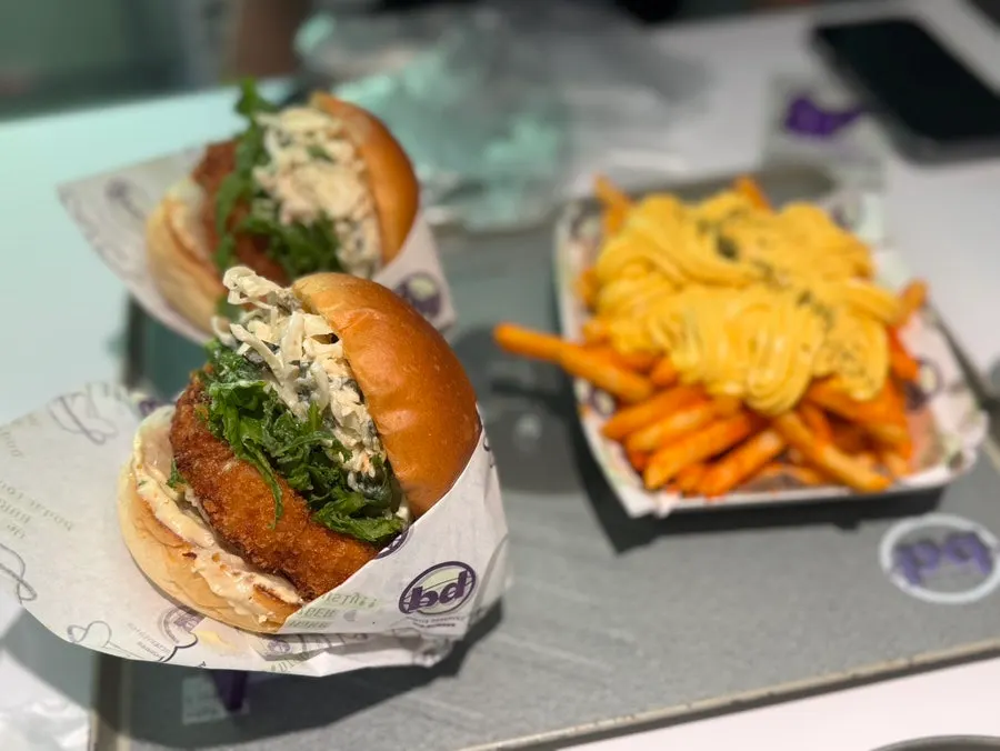 Side view showing the thick height of the Wasabi Shrimp burger