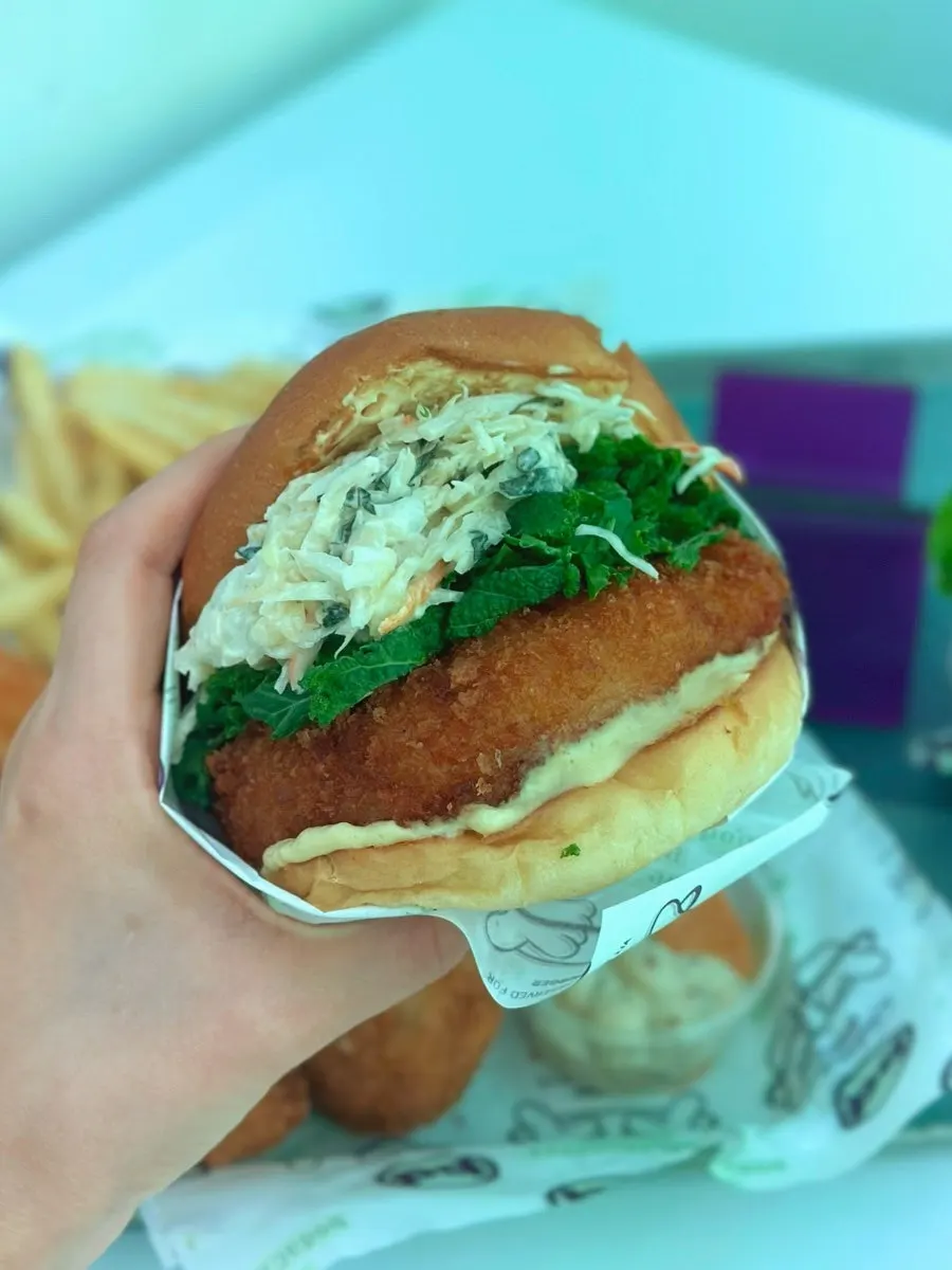 bd Wasabi Shrimp Burger with a thick shrimp patty