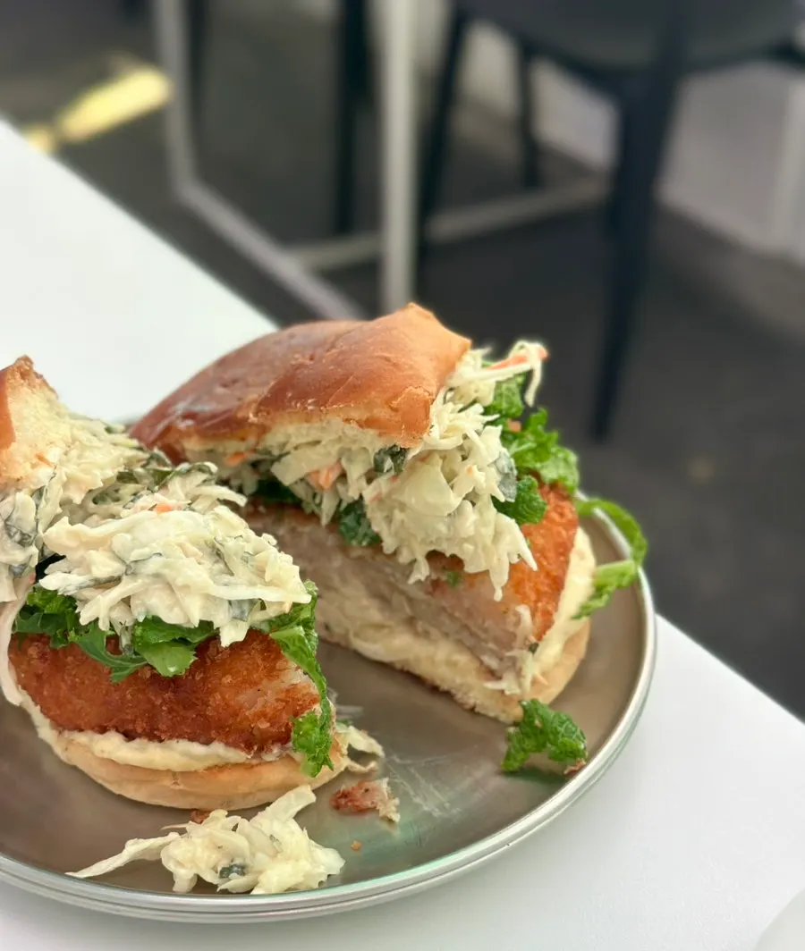 Cross-section of the Wasabi Shrimp Burger cut in half