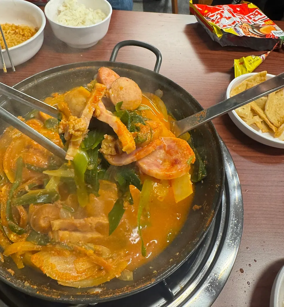 Budae jjigae packed with ham and vegetables