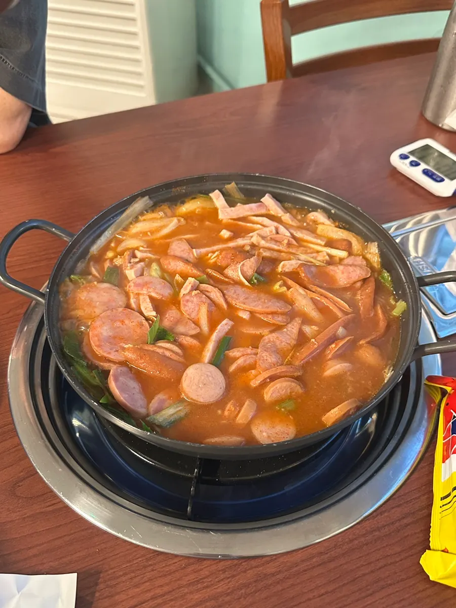 The budae jjigae finished cooking after 5 minutes